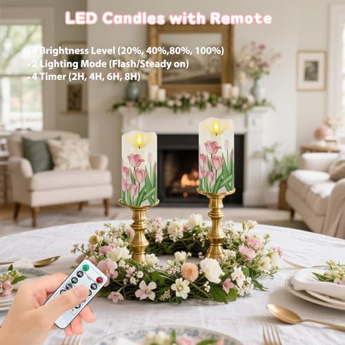 Tulip Flameless Candles Set of 2, 6"x3" Spring Candles with Remote & Timer
