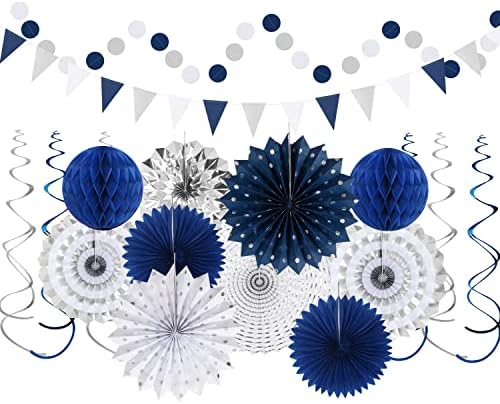Navy-Blue White-Silver Graduation Party-Decorations - 33pcs Kits Banner, Streamers Tassel Garland,Tissue Pom Poms Honeycomb, Paper Lantern Fans,Wedding Birthday Baby Shower Backdrop Decor Hugtmr