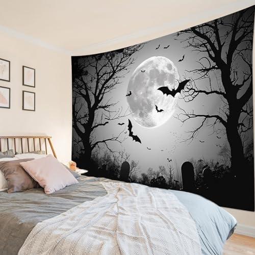 LB Horror Halloween Tapestry for Bedroom Black Bat Grey Full Moon Wall Tapestry Dead Tree and Tomb at Graveyard Wall Hanging Tapestries for Living Room College Dorm Wall Decor,92Wx70.5H inches