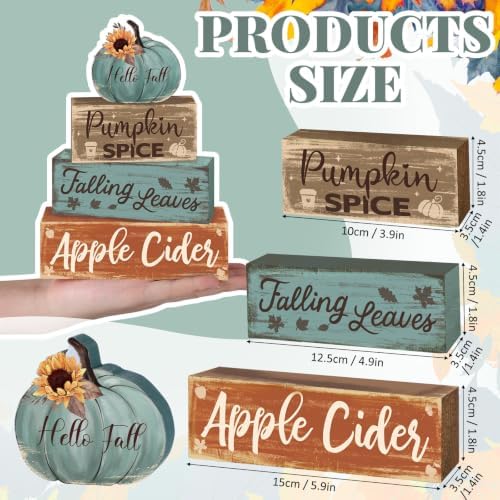 4 Pcs Fall Teal Decor for Home Fall Pumpkin Wooden Sign with Sunflower