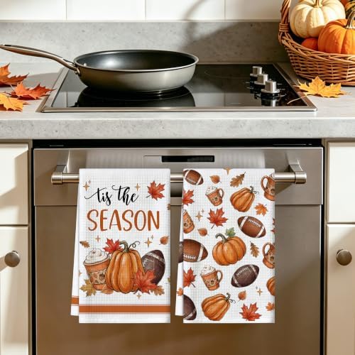 Fall Kitchen Towels - Football and Pumpkins Waffle Kitchen Decor
