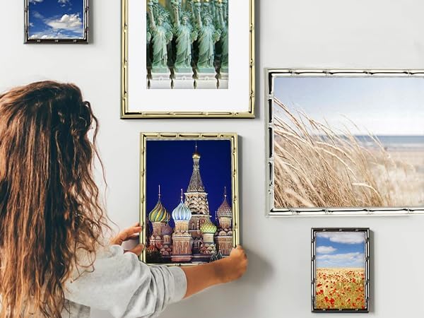 YiPinYin 2-Pack 10x12 Gold Bamboo Metal Picture Frames | Acid-Free Mat for 8x10 Photos | Narrow Plated Edge | Velvet