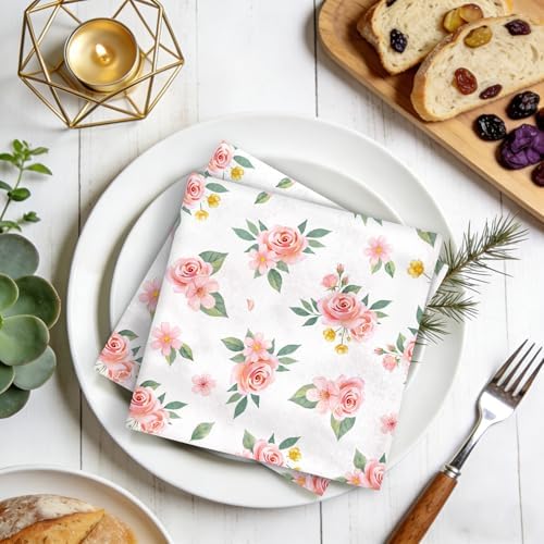 Pink Floral Dinner Cloth Napkins Set of 4, 18 x 18 Inch Washable Reusable Fabric Napkins, Gifts for Flower Lovers, Bridal Shower Wedding Tea Party Table Decor