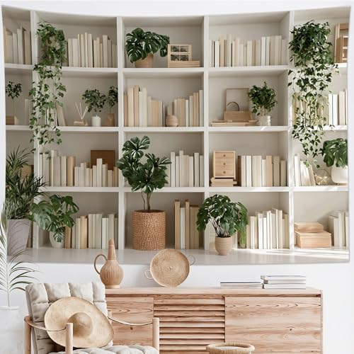 HVEST Botanical Bookshelf Tapestry Green Plant Potted and Books Wall Tapestry for Living Room Aesthetic Reading Tapestries Wall Art Decor for Bedroom Office Library Classroom, 70.9L x 92.5W Inches