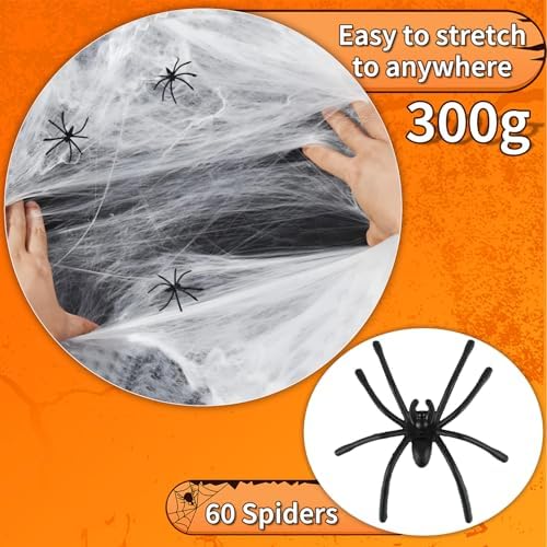 1000 sqft (0.67 Pound) Halloween Spider Webs Decor, Halloween Decorations with 60 Fake Spiders, Super Stretch Cobwebs Spider Webs for Holiday Indoor and Outdoor Party Supplies