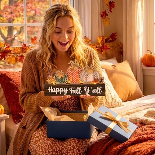Patelai Fall Pumpkin Decor with LED Lights Orange Pumpkin Table Block Sign Lighted Fall Tiered Tray Decorations Wooden Thanksgiving Table Centerpiece Decor for Farmhouse Harvest Party Home Shelf