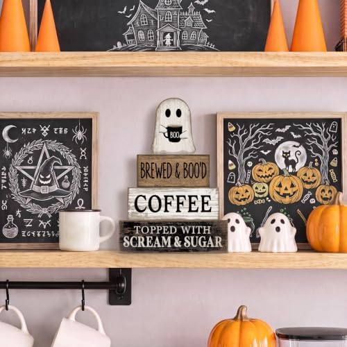 Lineshading 4 Pcs Halloween Ghost Blocks, Wooden Coffee Farmhouse Decor