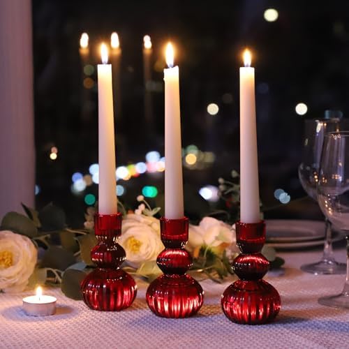 Woho 3pcs Red Taper Candle Holders Glass, Candlestick Holders for Christmas