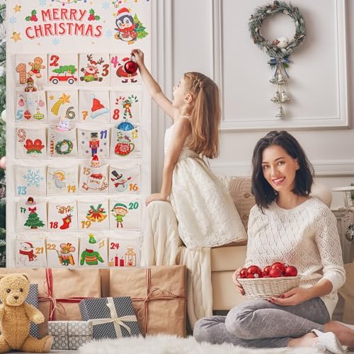 HOWAF Fabric Christmas Advent Calendar (Countdown to Christmas), 24 Days Mystery Christmas Countdown Calendar with 24 Pockets for Xmas Holiday Home Wall Decoration