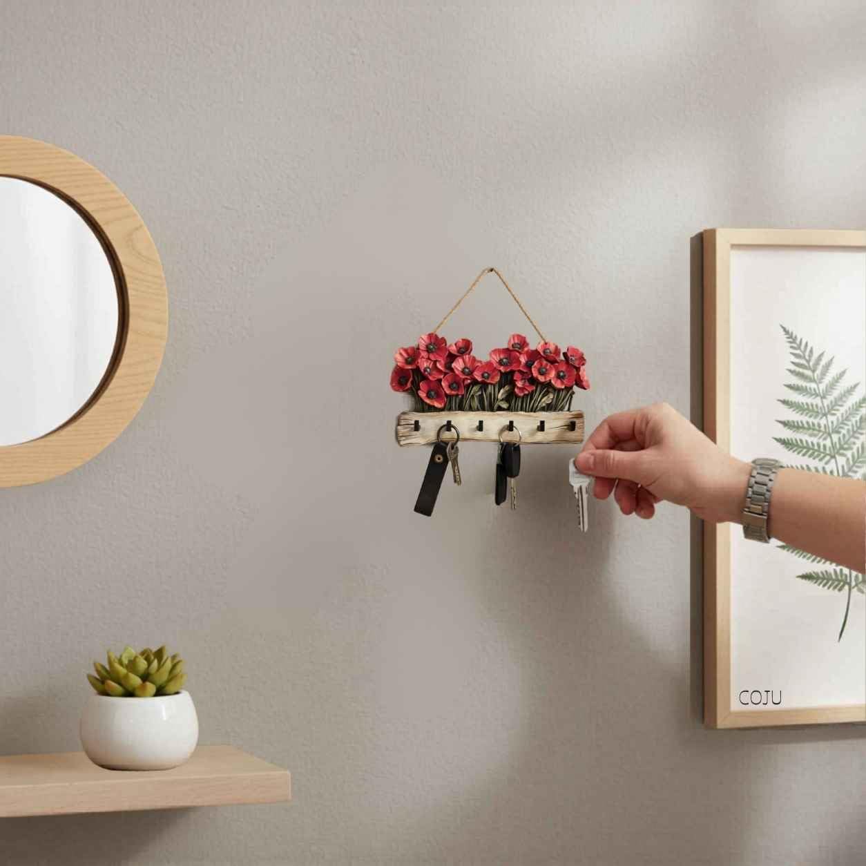Wooden Key Holder / Rustic Poppy Flower Key Rack