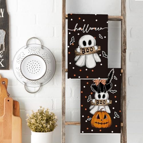 Artoid Mode Black Cat Ghost Halloween Kitchen Towels Set of 2 18x26 Inch