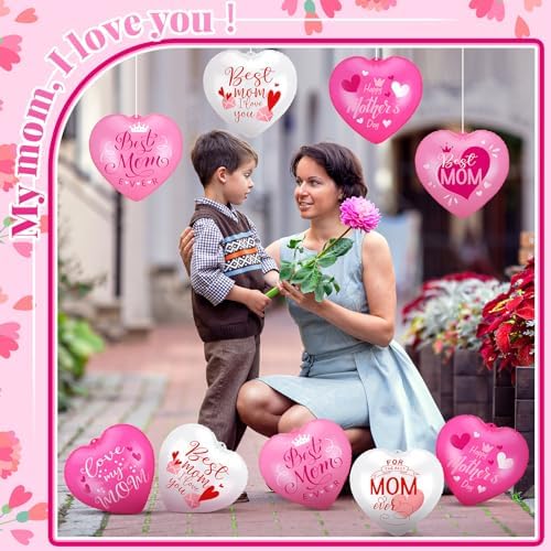 18 Pcs Happy Mother's Day Inflatable Heart Yard Decorations Large Mother's Day Heart Inflatable Hanging Ornament Giant PVC Outdoor Decoration for Mothers Day Garden Lawn Party
