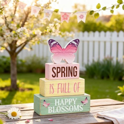 Spring Decoration Wooden Tiered Tray Decor – Butterfly Spring Stacked Block Sign with Floral Accents – Farmhouse Tabletop Spring Decor for Shelf Mantel Seasonal Home Display