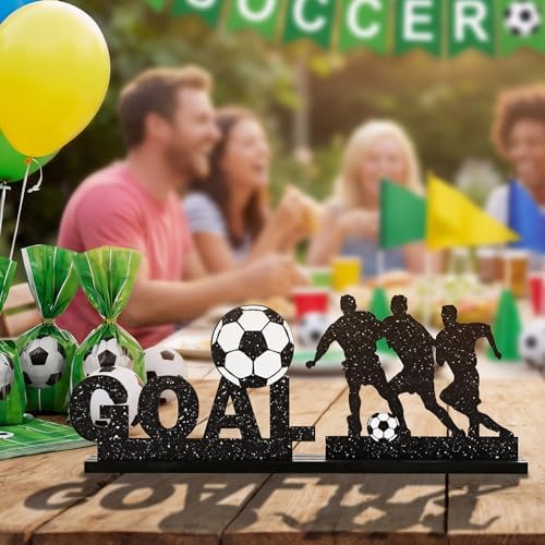 Smile Soccer GOAL Wooden Standing Decor Set, 2-Piece Black Player Silhouette & Text Tiered Tray Tabletop Signs with Stands for Game Day & Sports Party Decorations