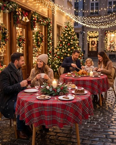 Round Christmas Tablecloth 60 Inch, Farmhouse Buffalo Plaid