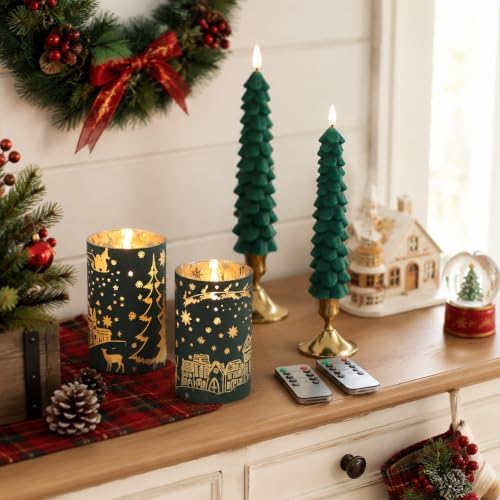 MUMCHASI Chritsmas Tree Flameless Candles, Real Wax Christams LED Taper Candles, Battery Operated Candles, Flickering Candlesticks for Home Christmas Decor Gifts, Green, Remote Control