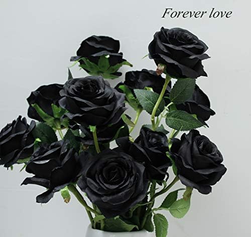 Laelfe 12 PCS Artificial Flowers Black Roses, Fake Silk Flower Long Stem Artificial Rose for Halloween Home Wedding Party Decorations(Black)
