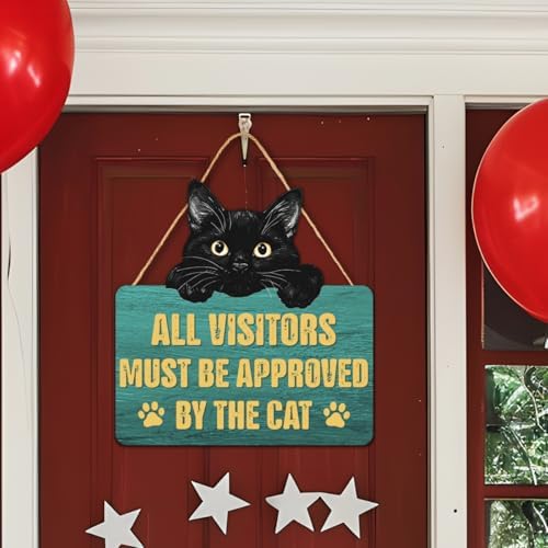 Funny Black Cat Wood Hanging Sign for Front Door, Cat Gifts House Welcome Sign