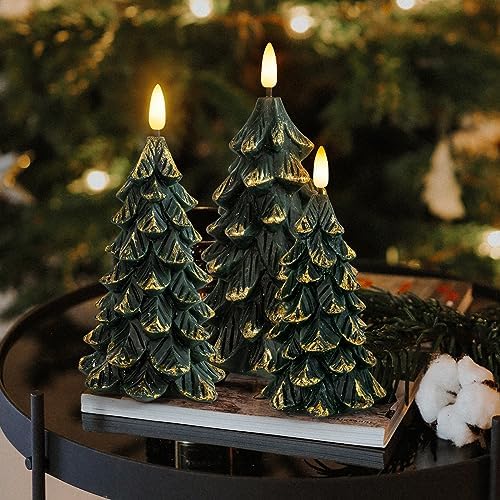 Green Christmas Tree Shaped Flameless Candles with Timer, Real Wax 3D Wick Flickering Battery Operated LED Candles for Christmas Home Party Decoration Set of 3