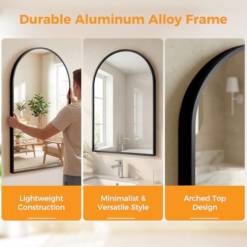 Arched Black Bathroom Mirrors for Wall, 26x38-Inch Bathroom Mirror for Over Sink, Wall Vanity Mirror with Matte Metal
