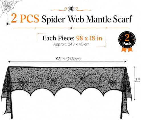 2-Pcs Halloween Fireplace Decorations - 18x98 Inch Black Lace Spiderweb Mantel Scarf Cover for Stair Handrails Door Curtains Spooky Party Supplies Haunted House Indoor Outside Decor Set