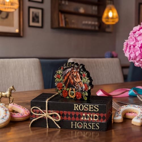 Smile Horses and Roses Wooden Block Decor Set, 4-Piece Horse Head Wreath & Themed Tiered Tray Tabletop Signs for Horse Racing Party Decorations
