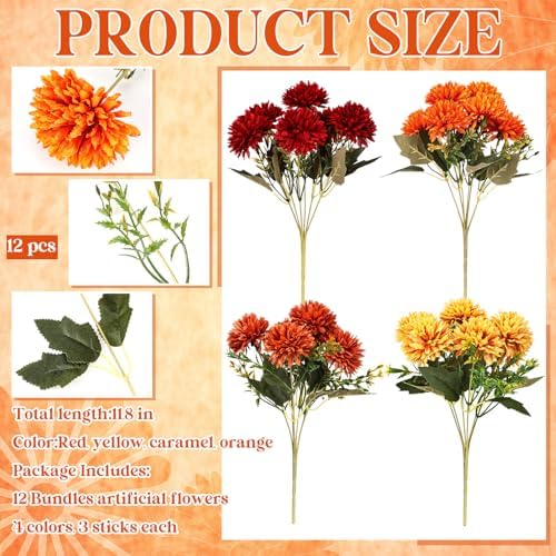 XunYee 12 Pcs Fall Artificial Flowers for Outdoor Faux Mums,Burnt Orange