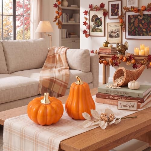 Qinyoung 2 Pcs Fall Ceramic Pumpkins for Home Decor Gold Stem, Orange
