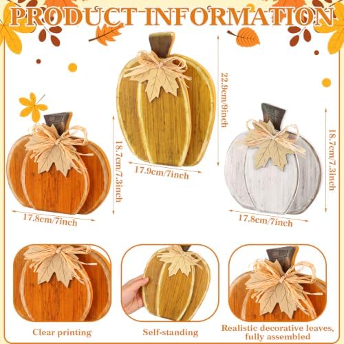 Cinnvoice 3 Pcs Fall Pumpkin Decor Fall Wooden Signs 3D Pumpkin Tabletop Signs Farmhouse Thanksgiving Tiered Tray Decorations for Home Harvest(Rustic,Yellow Orange,7.3" 9")