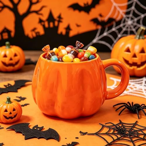 HS&ROXIN Halloween Mug Novelty Pumpkin Mug 3D Cute Ceramic Halloween Coffee Cup Spooky Fall Cup Decor and Christmas Birthdays Party Gifts for Kids and Adults (Pumpkin)