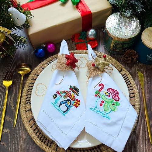 HCRAFT Embroidered Cotton Table Napkin, Cloth Napkins Set of 4 18"x18" Snowman Napkin Square Fabric, Dining Room, Napkins Cloth Machine Washable, Christmas Napkins, Great Present Ideas