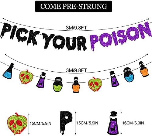 PTFNY Glittery Pick Your Poison Banner Hocus Pocus Decorations Potion Bar Decorations Halloween Party Banner for Haunted Houses Home Halloween Party Decorations Supplies