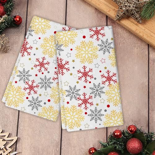 JOOCAR Snwoflake Kitchen Towels Christmas Kitchen Decor Dish Towels Set of 2, 16x27 Inch Seasonal Drying Dishcloth, Gold White Red Snowflake Decoration Hand Towels