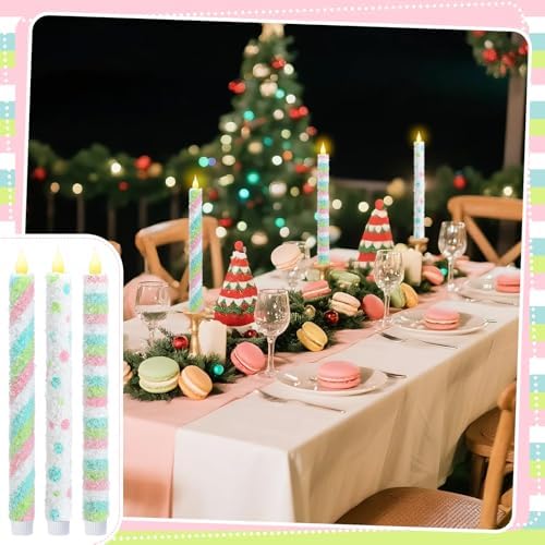 Baquler 6 Pcs Christmas Candyland Theme Flameless Taper Candles 10.6 Inch