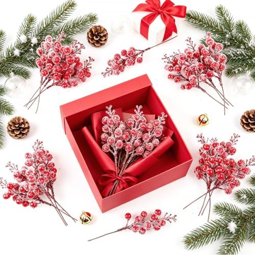 24 Pack Red Berry Stems,Artificial Burgundy Glitter Red Berries,7.5 Inch Christmas Berries Picks for DIY Crafts Christmas Tree Christmas Wreath Home Wedding Home Party Decoration (Snow Red)