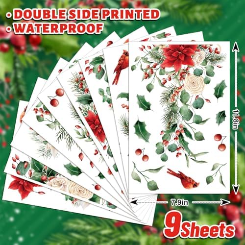 Whaline 9 Sheets Christmas Floral Window Cling Stickers Hanging Poinsettia Flowers Eucalyptus Leaves Reusable Window Decals for Xmas Winter Party Home Office Classroom Decoration