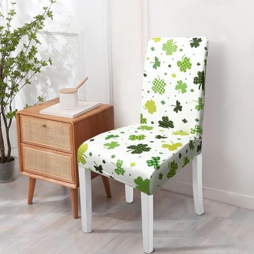 St. Patrick's Day Dining Room Chair Covers，St Patricks Day Chair Covers Set of 6, Green Four Leaf Clover Dining Chair Covers, Elastic Removable Washable Dining Chair Covers