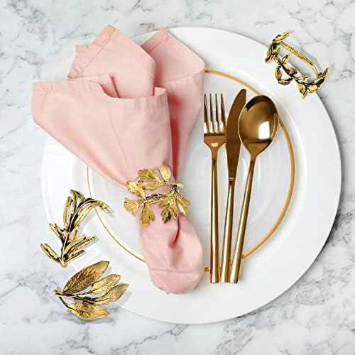 Cunhill 8 Pcs Herb Napkin Rings Set Vintage Leaf Napkin Holders, Gold