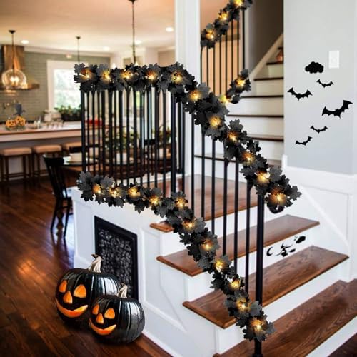 2 Pcs Black Leaf Garland with Yellow Lights, 11.8FT