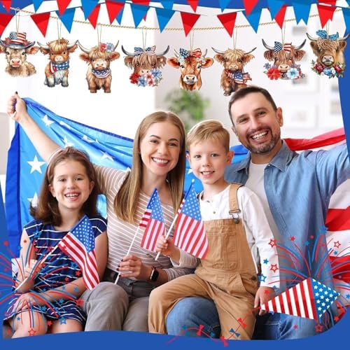 12 Pcs 4th of July Patriotic Wood Ornaments Hanging Decoration 250th Anniversary Tree Ornaments with Cute Cartoon Highland Cattle Designs for Independence Day Home Tree Decorations