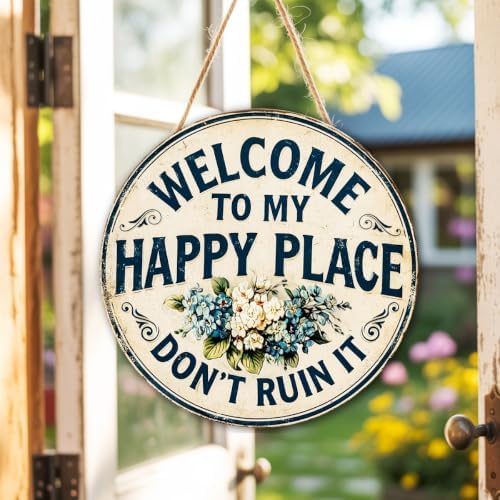 Welcome To My Happy Place Wooden Hanging Sign for House Front Door, Rustic Welcome Sign for Porch Garden Patio Farmhouse