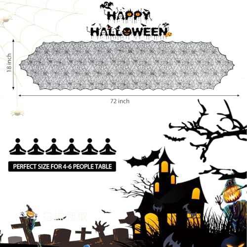 Halloween Table Runner, Black Lace Spider Web Table Runners for Halloween Decor/Party Dinner Table Decoration 18 x 72Inch