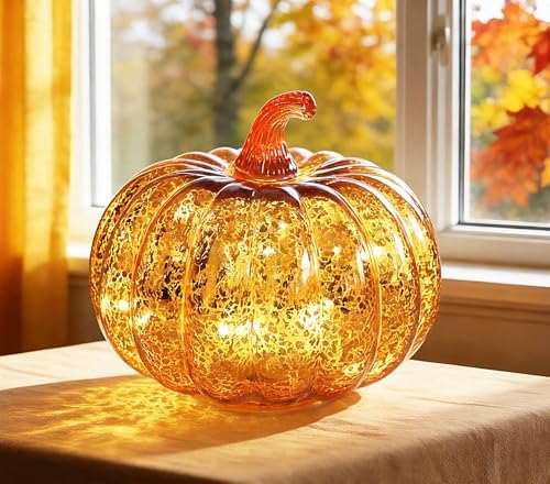 Fall Decorations for Home,Mercury Glass Pumpkin Lights with Timer(Gold)