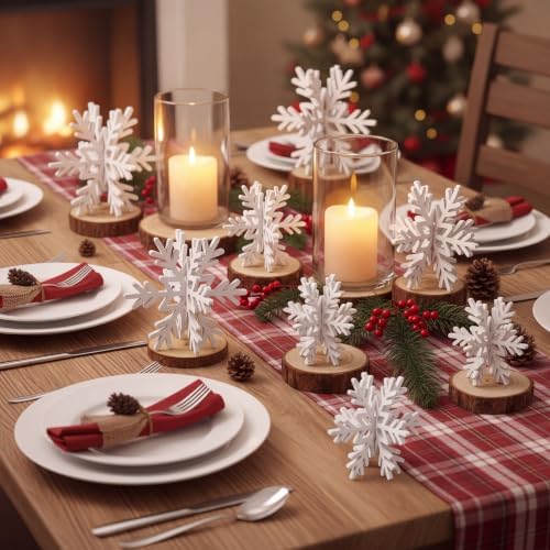 Bucherry 12 Pcs Wooden Snowflakes Table Decor,White