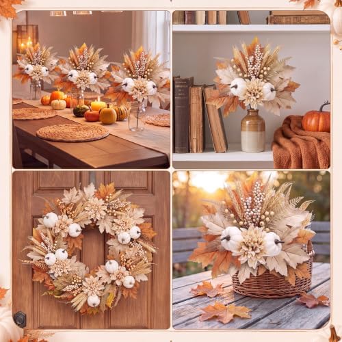 Yinder 4 Pcs Fall Artificial Pumpkin Flower Stems, Brown Maple Leaf Picks