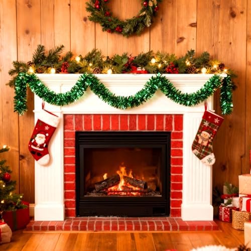 50Ft Green Christmas Garland Decorations,Xams Greenery Tinsel Stems Non-Lit Soft Twist Garland Decor for Tree Stairs Railing Front Door Mantle Fireplace Indoor Outdoor Holiday Home
