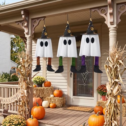 JOYIN 23.6'' 3Pcs Halloween Hanging Ghosts Decorations Outdoor, Warm Light Up Ghosts with Witch Hat & Timer, Flying Halloween Decorations for Yard Porch Lawn Party Supplies Tree Decor