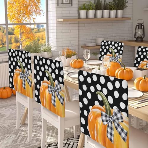 Fall Chair Covers Set of 6 Orange Pumpkin Chair Slipcover Protector Removable Stretch Chair Covers Bow Black White Polka Dots Thanksgiving Chair Back Covers for Dining Chairs Kitchen Holiday Party