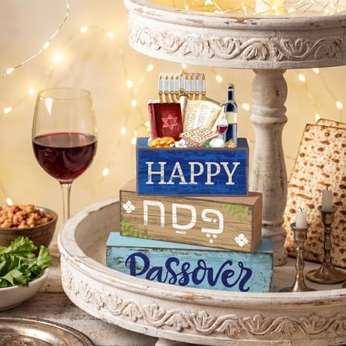 Lineshading 4 Pcs Wooden Passover Block Signs Farmhouse Tiered Tray Decor