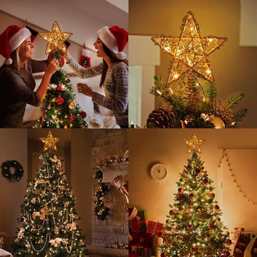 ODEETRONIC 10" Rustic Christmas Star Tree Topper, Rattan Natural Hollow